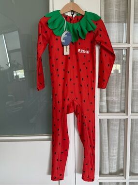 Mini Rodini Red and Green Strawberry Print Kids UV Swimsuit